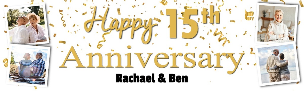 Personalised 15th Wedding Anniversary Banner - Celebration Design - Custom Text & 4 Photo Upload