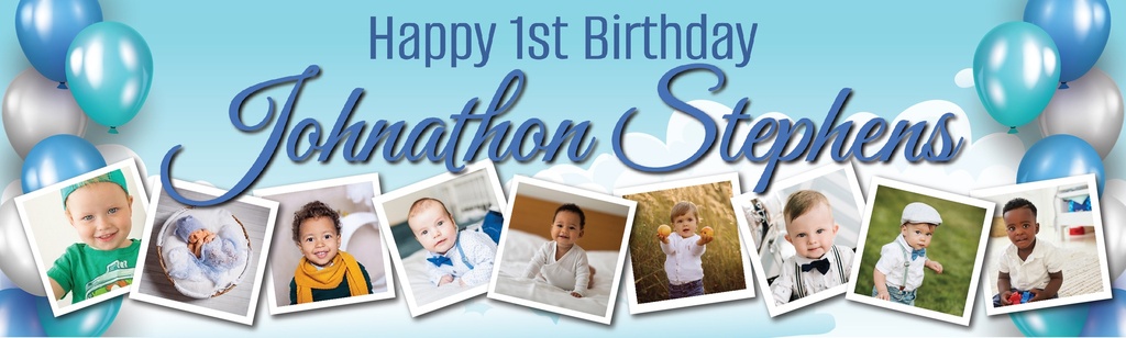 Personalised 1st Birthday Banner - Blue Balloons - Custom Name & 9 Photo Upload