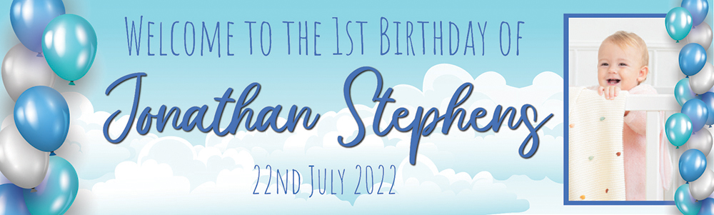 Personalised 1st Birthday Banner - Blue Balloons - Custom Name Date & 1 Photo Upload