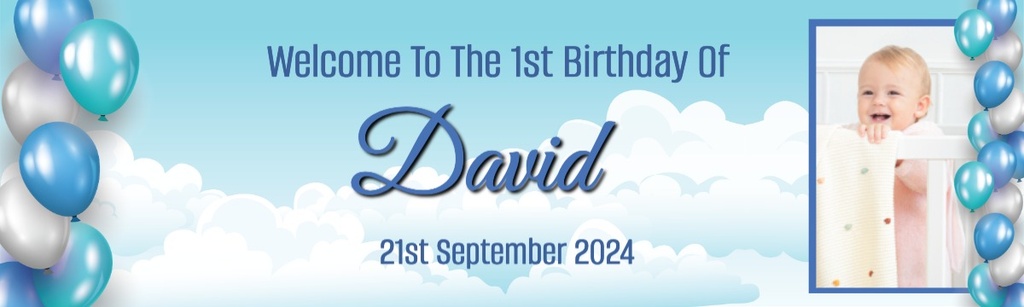 Personalised First Birthday Banner - Blue Balloons - Custom Name Date & 1 Photo Upload