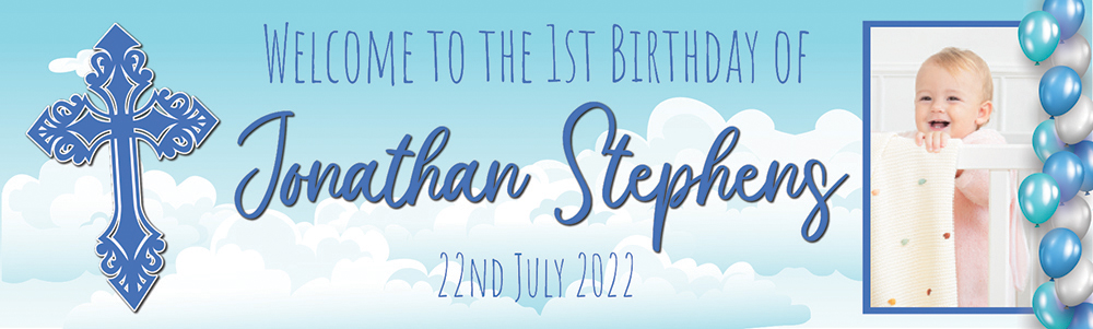 Personalised 1st Birthday Banner - Blue Cross - Custom Name, Date & 1 Photo Upload