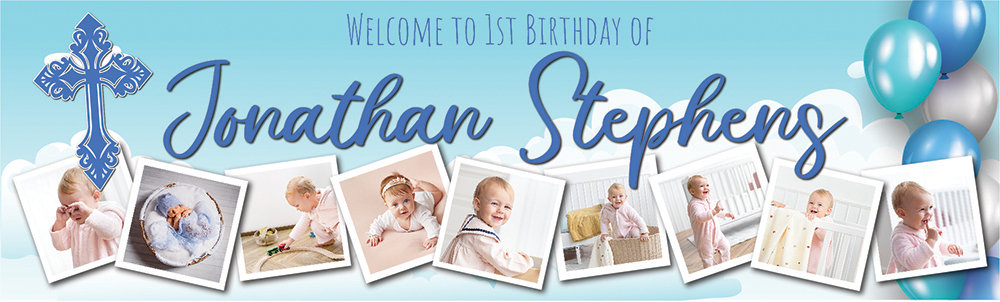 Personalised 1st Birthday Banner - Blue Cross - Custom Name & 9 Photo Upload