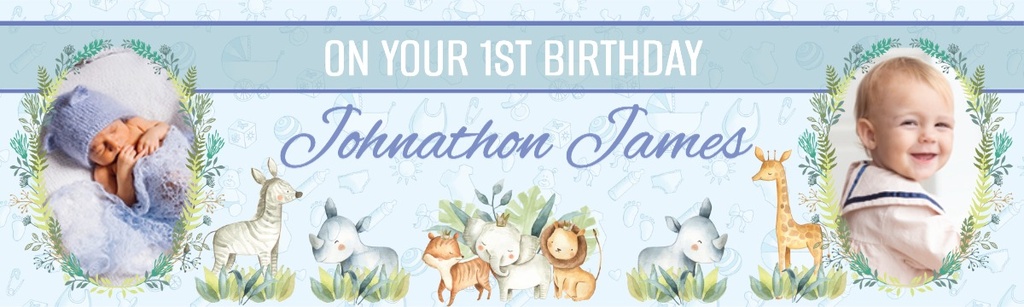 Personalised 1st Birthday Banner - Blue Safari Animal - Custom Name & 2 Photo Upload