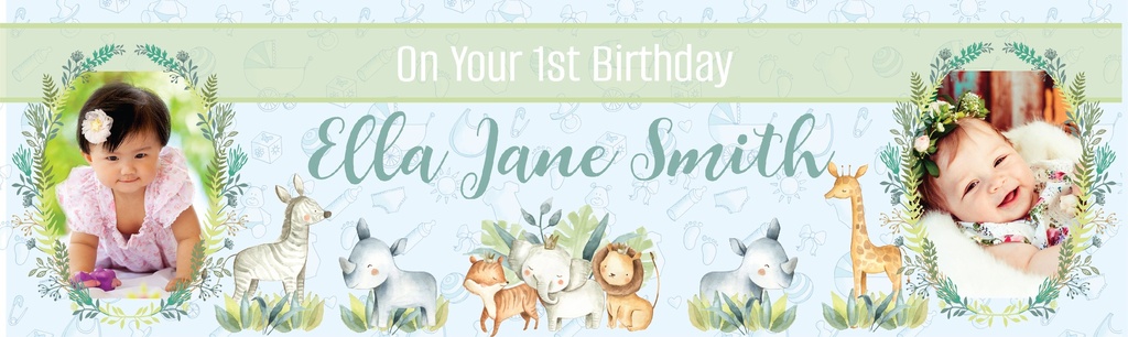 Personalised 1st Birthday Banner - Green Safari Animals - Custom Name & 2 Photo Upload