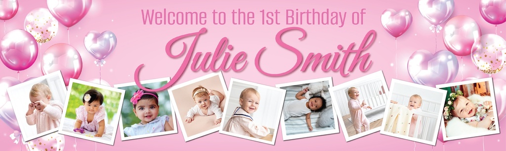 Personalised 1st Birthday Banner - Pink Balloons - Custom Name & 9 Photo Upload