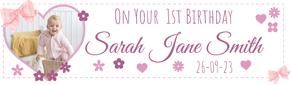 Personalised 1st Birthday Banner - Pink Hearts - Custom Name, Date & 1 Photo Upload