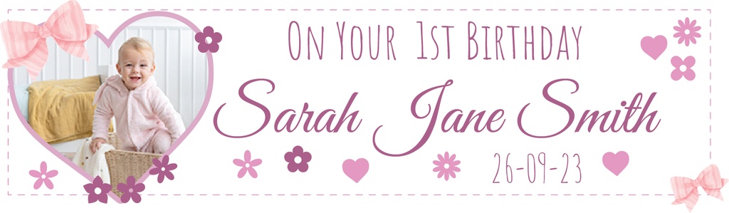 Personalised 1st Birthday Banner - Pink Hearts - Custom Name, Date & 1 Photo Upload