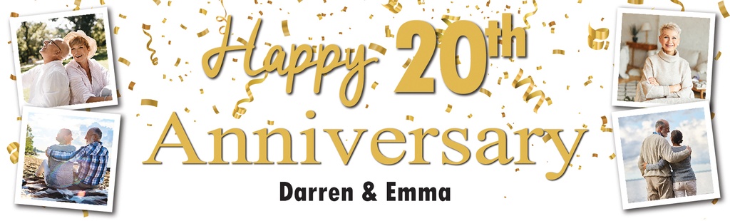Personalised 20th Wedding Anniversary Banner - Gold Design - Custom Name & 4 Photo Upload