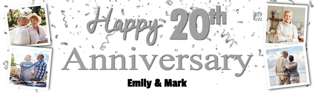 Personalised 20th Wedding Anniversary Banner - Silver Design - Custom Name & 4 Photo Upload