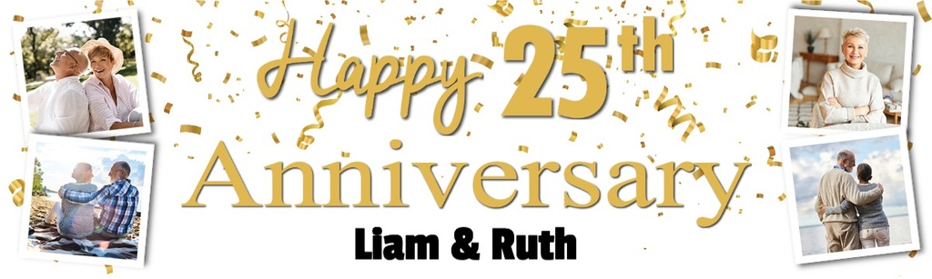 Personalised 25th Wedding Anniversary Banner - Celebration Design - Custom Text & 4 Photo Upload