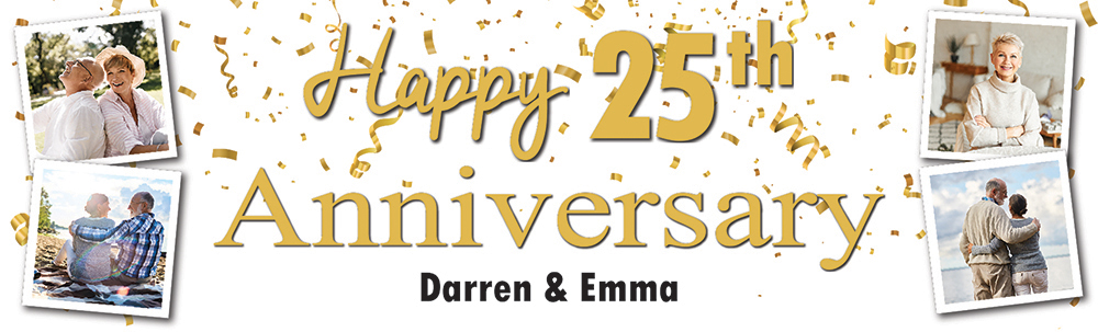 Personalised 25th Wedding Anniversary Banner - Celebration Design - Custom Text & 4 Photo Upload