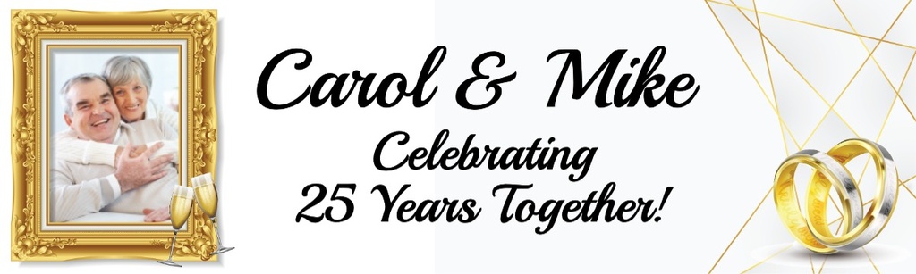 Personalised 25th Wedding Anniversary Banner - Gold Rings - Custom Name & 1 Photo Upload