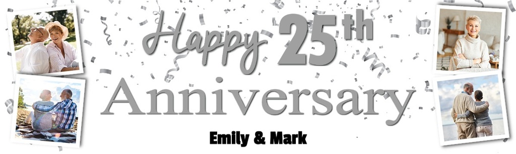 Personalised 25th Wedding Anniversary Banner - Silver Party Design - Custom Text & 4 Photo Upload