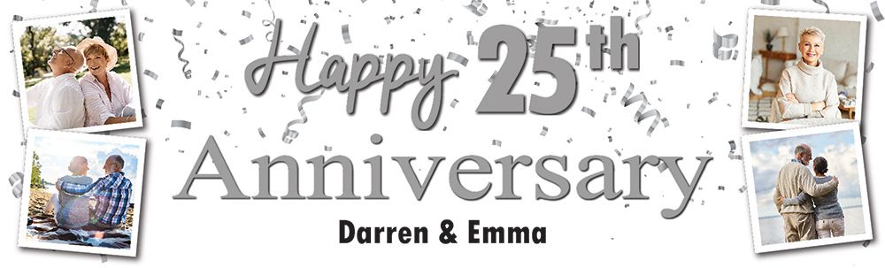 Personalised 25th Wedding Anniversary Banner - Silver Party Design - Custom Text & 4 Photo Upload
