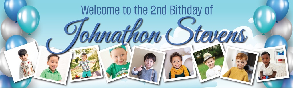 Personalised 2nd Birthday Banner - Blue Balloons - Custom Name & 9 Photo Upload