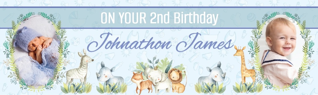 Personalised 2nd Birthday Banner - Blue Safari Animal - Custom Name & 2 Photo Upload