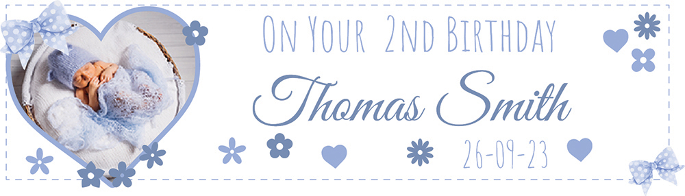 Personalised 2nd Birthday Banner - Blue Hearts - Custom Name, Date & 1 Photo Upload