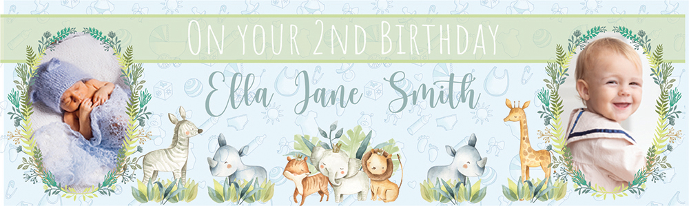 Personalised 2nd Birthday Banner - Green Safari Animals - Custom Name & 2 Photo Upload