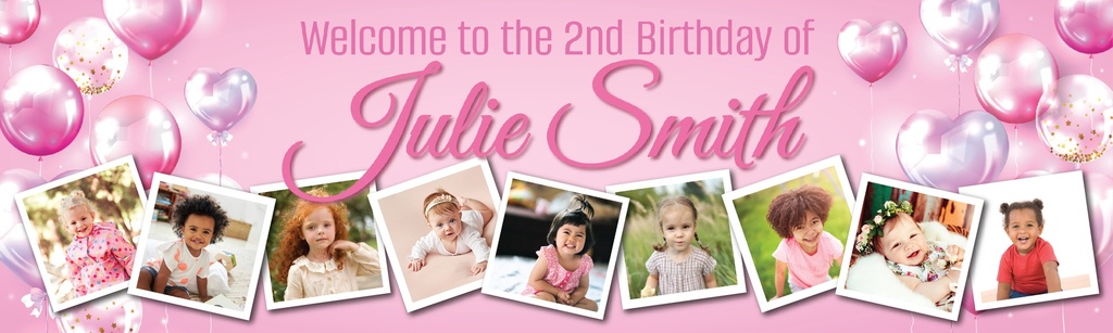 Personalised 2nd Birthday Banner - Pink Balloons - Custom Name & 9 Photo Upload