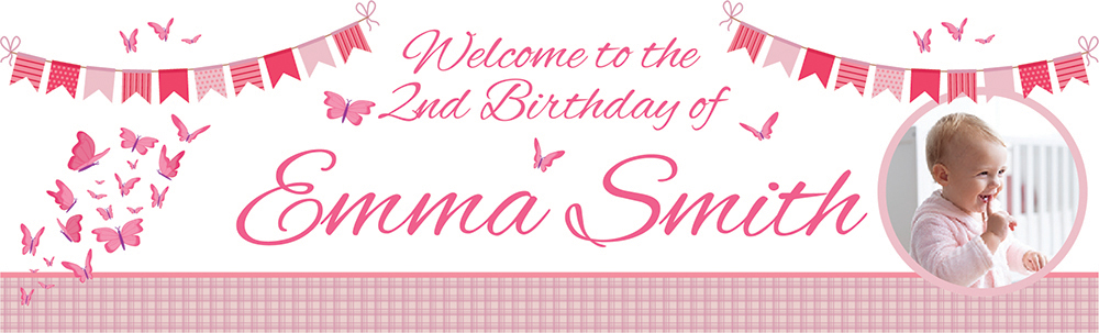 Personalised 2nd Birthday Banner - Pink Butterflies - Custom Name & 1 Photo Upload