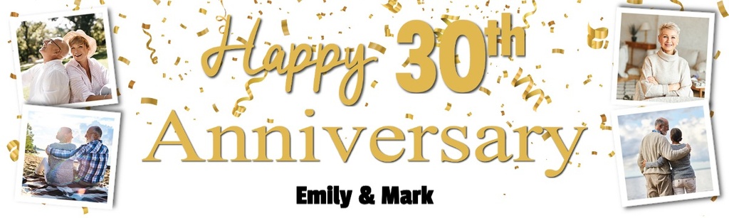 Personalised 30th Wedding Anniversary Banner - Gold Design - Custom Name & 4 Photo Upload