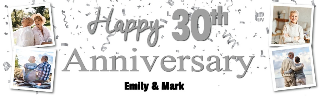 Personalised 30th Wedding Anniversary Banner - Silver Design - Custom Name & 4 Photo Upload