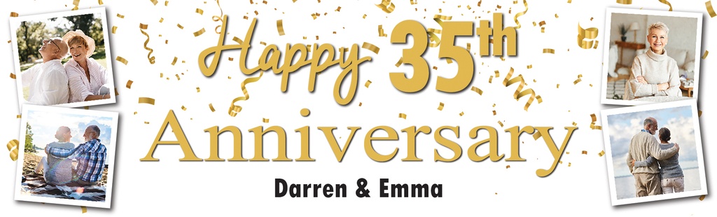 Personalised 35th Wedding Anniversary Banner - Gold Design - Custom Name & 4 Photo Upload