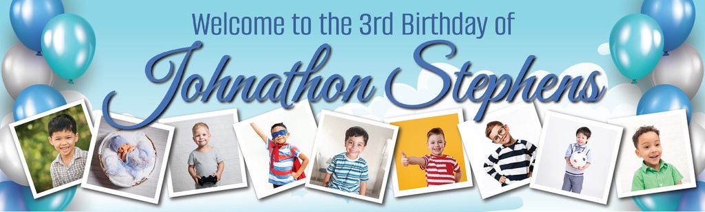 Personalised 3rd Birthday Banner - Blue Balloons - Custom Name & 9 Photo Upload