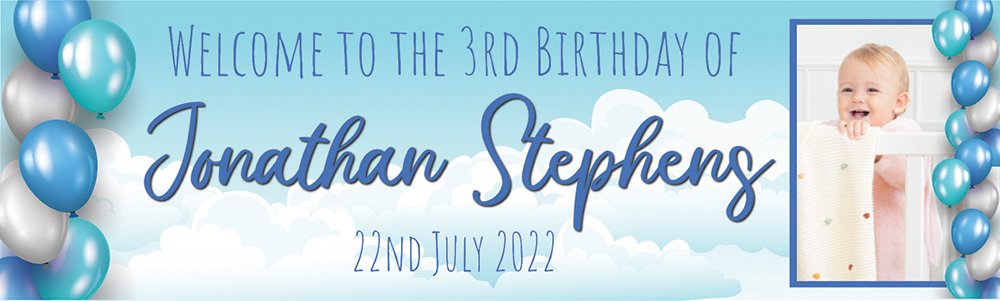 Personalised 3rd Birthday Banner - Blue Balloons - Custom Name Date & 1 Photo Upload