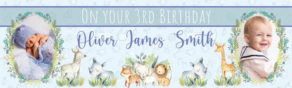 Personalised 3rd Birthday Banner - Blue Safari Animal - Custom Name & 2 Photo Upload