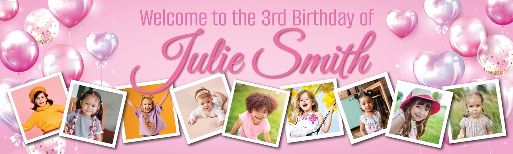 Personalised 3rd Birthday Banner - Pink Balloons - Custom Name & 9 Photo Upload