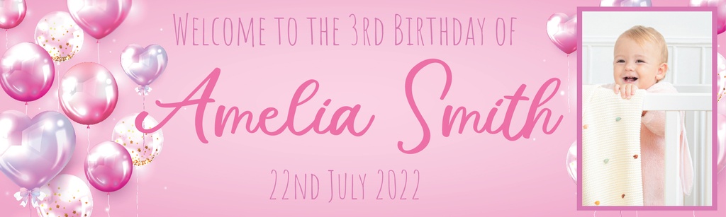 Personalised 3rd Birthday Banner - Pink Balloons - Custom Name Date & 1 Photo Upload