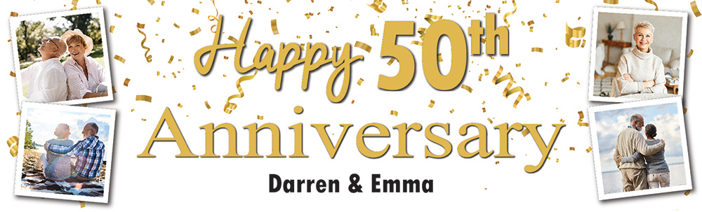 Personalised 50th Wedding Anniversary Banner - Celebration Design - Custom Text & 4 Photo Upload