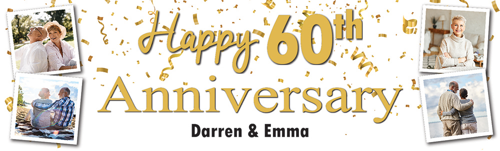 Personalised 60th Wedding Anniversary Banner - Celebration Design - Custom Text & 4 Photo Upload