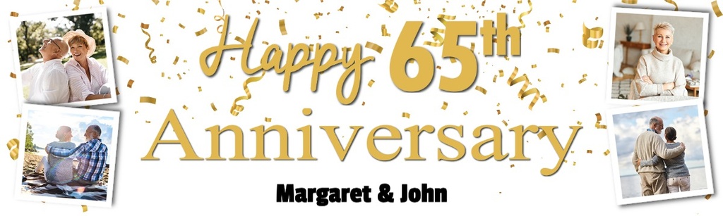 Personalised 65th Wedding Anniversary Banner - Gold Design - Custom Name & 4 Photo Upload