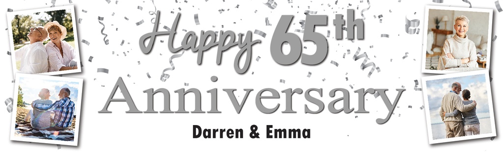 Personalised 65th Wedding Anniversary Banner - Silver Design - Custom Name & 4 Photo Upload