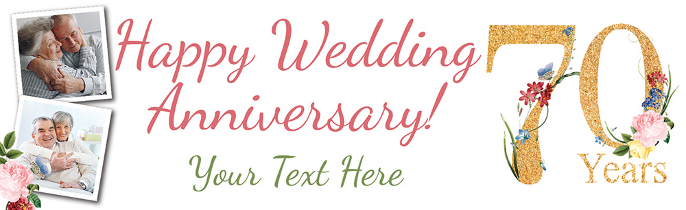 Personalised 70th Wedding Anniversary Banner - Floral Design - Custom Text & 2 Photo Upload