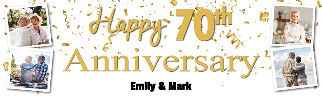 Personalised 70th Wedding Anniversary Banner - Gold Design - Custom Name & 4 Photo Upload