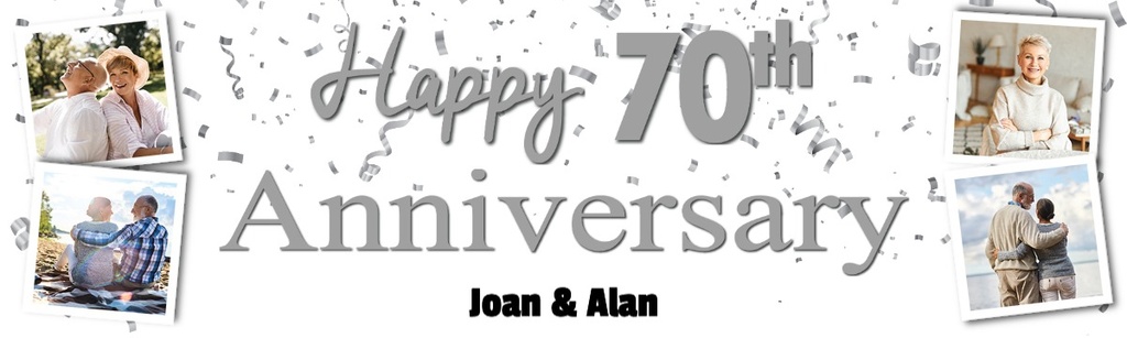 Personalised 70th Wedding Anniversary Banner - Silver Design - Custom Name & 4 Photo Upload