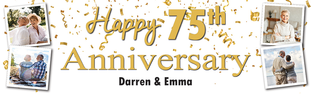 Personalised 75th Wedding Anniversary Banner - Celebration Design - Custom Text & 4 Photo Upload