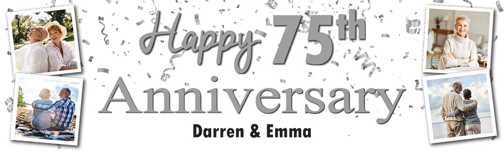 Personalised 75th Wedding Anniversary Banner - Silver Party Design - Custom Text & 4 Photo Upload