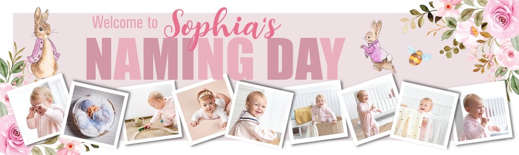 Personalised Baby Naming Day Banner - Pink Rabbit - Custom Name & 9 Photo Upload