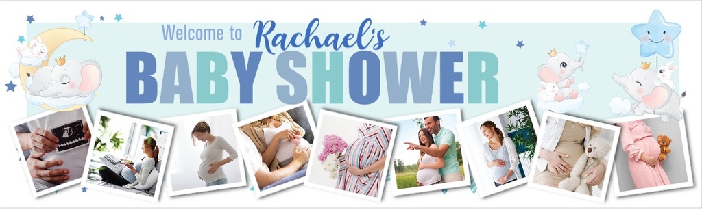 Personalised Baby Shower Banner - Blue & Cute Elephant - Custom Name & 9 Photo Upload