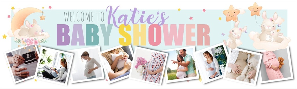 Personalised Baby Shower Banner - Bunny & Stars - Custom Name & 9 Photo Upload