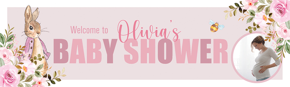 Personalised Baby Shower Banner - Pink Rabbit - Custom Name & 1 Photo Upload
