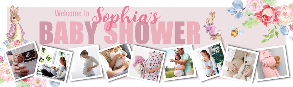 Personalised Baby Shower Banner - Pink Rabbit Floral Welcome - Custom Name & 9 Photo Upload