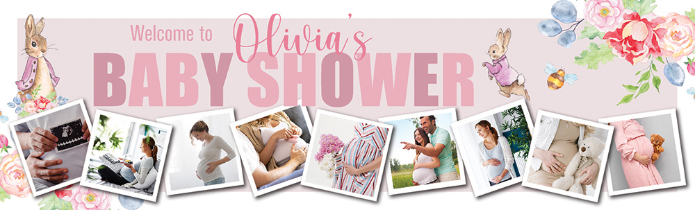 Personalised Baby Shower Banner - Pink Rabbit Floral Welcome - Custom Name & 9 Photo Upload