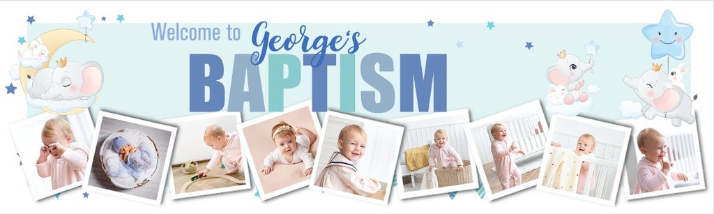 Personalised Baptism Banner - Blue & Baby Elephant - Custom Name & 9 Photo Upload