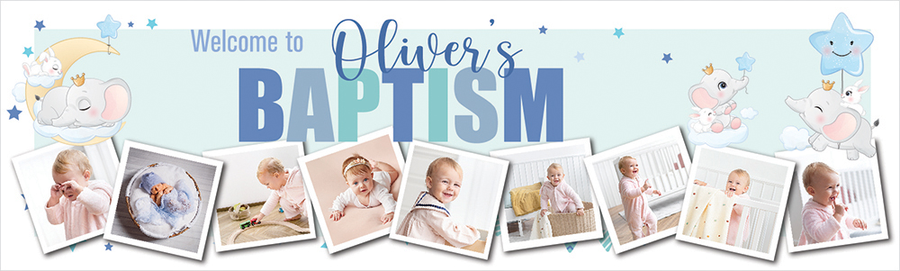 Personalised Baptism Banner - Blue & Baby Elephant - Custom Name & 9 Photo Upload