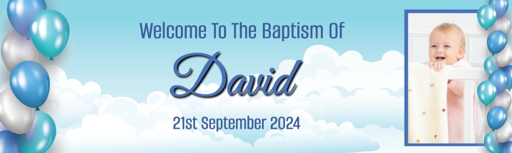 Personalised Baptism Banner - Blue Balloons - Custom Name, Date & 1 Photo Upload